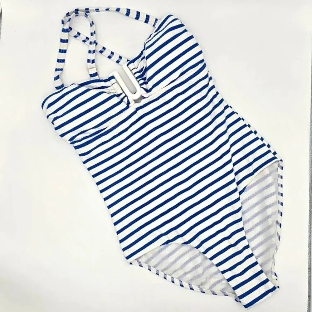 Sea Level Swim One Piece Swimsuit Womens 6 Blue White Stripe U Ring - Picture 12 of 12
